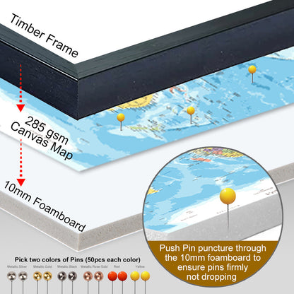 Large Detailed Push Pin Travel Map, Personalized Travel Tracker Canvas with Frame, Visited Countries Pin Board Wall Art, Bonus 100x Pushpins