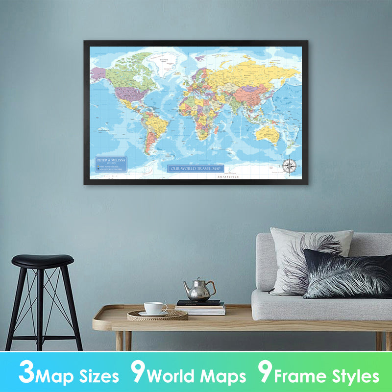 Large Detailed Push Pin Travel Map, Personalized Travel Tracker Canvas with Frame, Visited Countries Pin Board Wall Art, Bonus 100x Pushpins