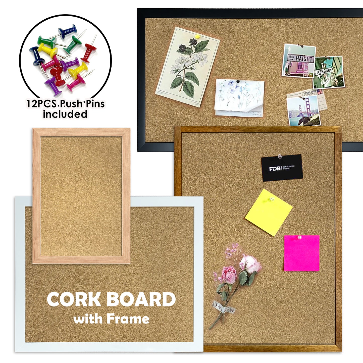 Cork board Corkboard Pinboard for Office Home Message Notice with 30mm Wide Wooden Timber Frame - Bonus 12x Pushpins