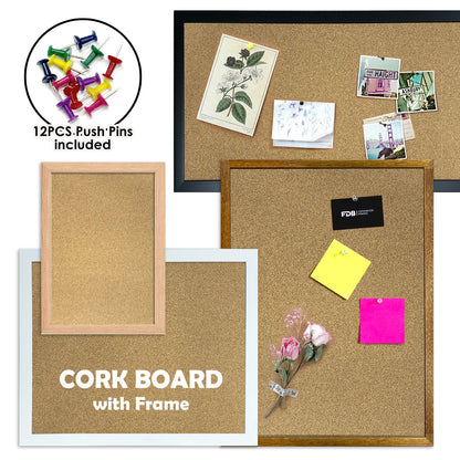 Cork board (1:2, 1:3 size) Corkboard Pinboard for Office Home Message Notice with 30mm Wide Wooden Timber Frame - Bonus 12x Pushpins