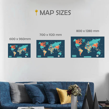 Large Detailed Push Pin Travel Map, Personalized Travel Tracker Canvas with Frame, Visited Countries Pin Board Wall Art, Bonus 100x Pushpins