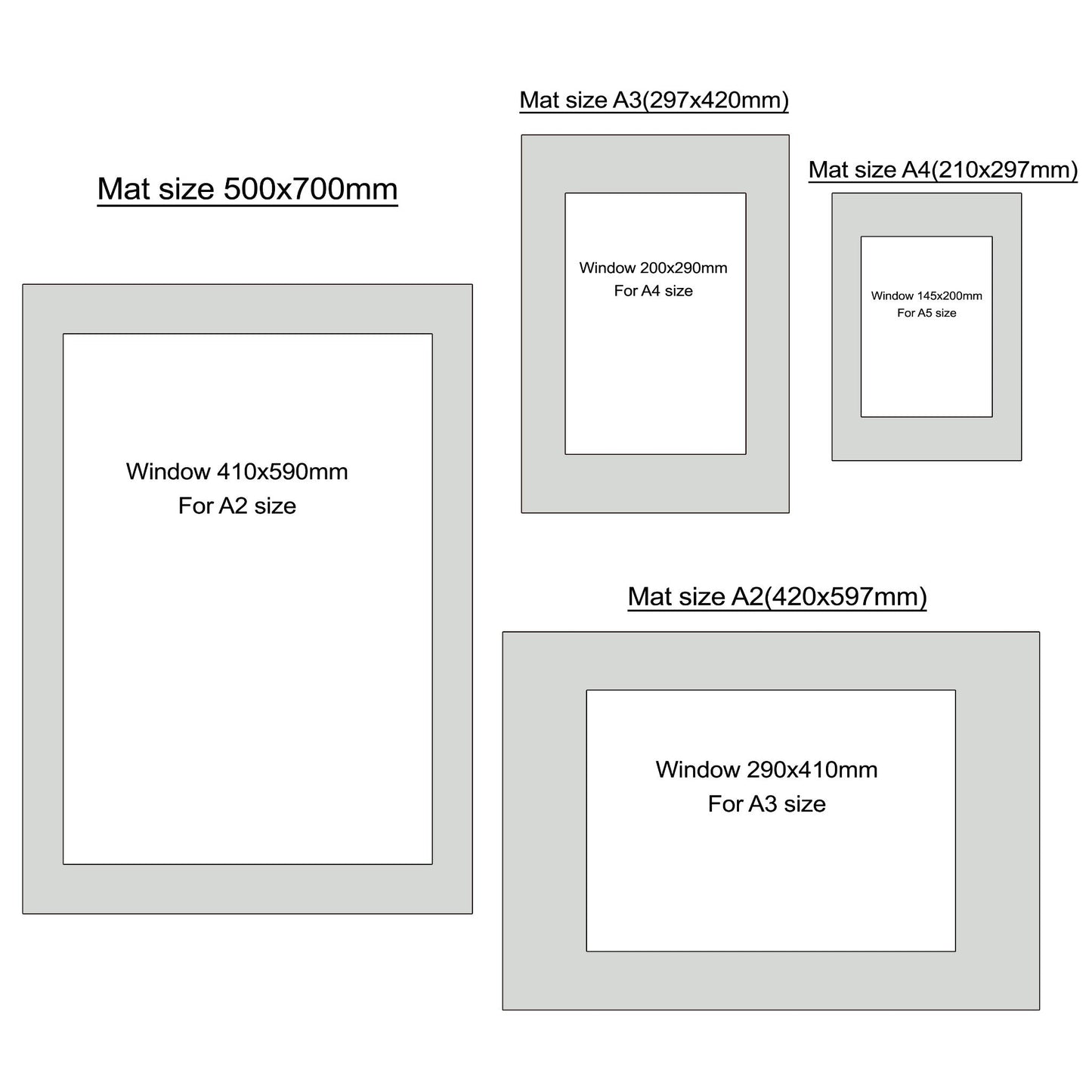 Mat size 500x700mm, Photo mat, Photo mount, window size A2, 6pcs. Set same color