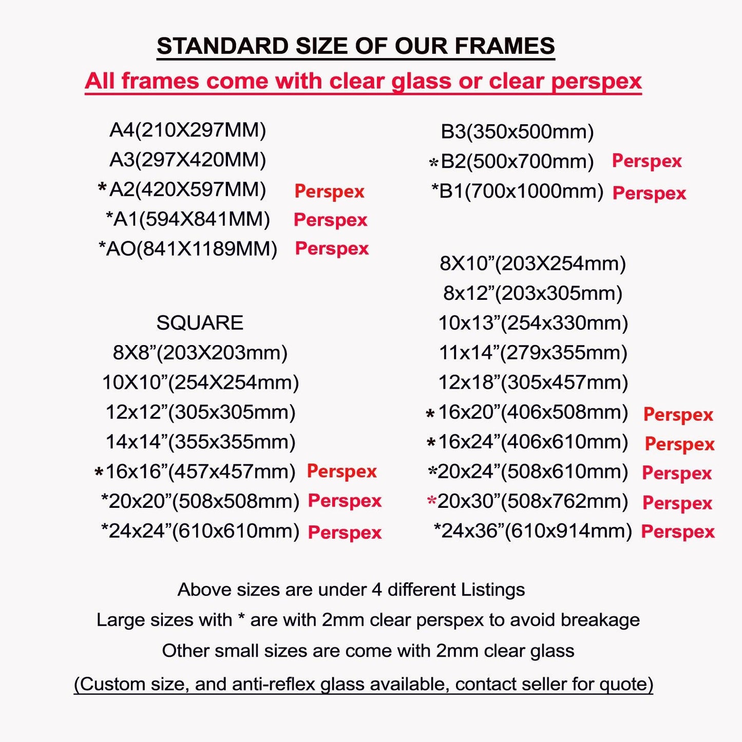 Frameless Frame, Clip Frame, Perspex Frame,  Size B1(700x1000mm), B2(500x700mm),