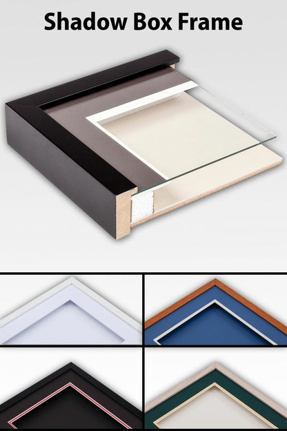 3-D, Deep shadow box frame, A2, A1 size, Oak, White, Black, Teak Frame with top and Bottom mat